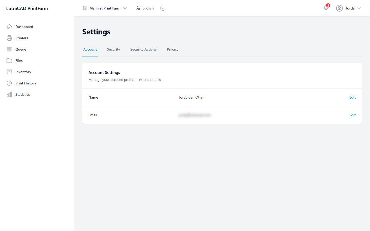 The Account tab of Settings, showing the Name and Email fields each with an Edit button