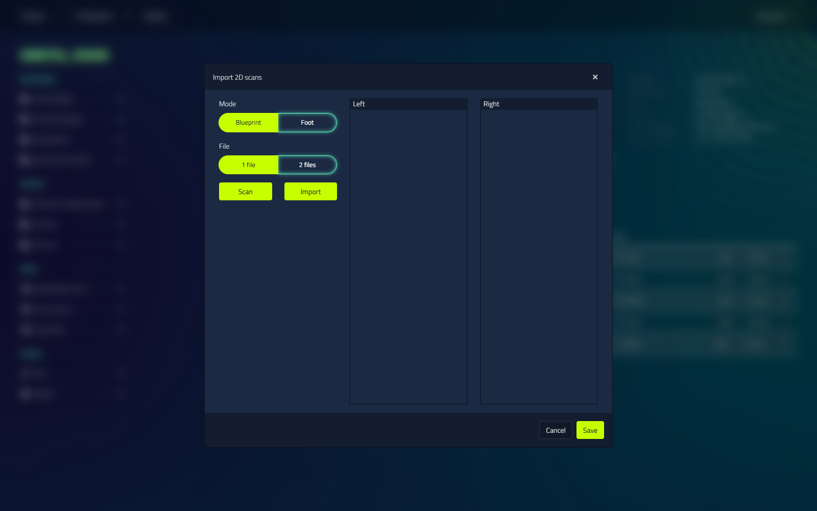 The Import 2D scans dialog, with Blueprint/Foot mode buttons and 1 file/2 files options above the Left and Right image panels