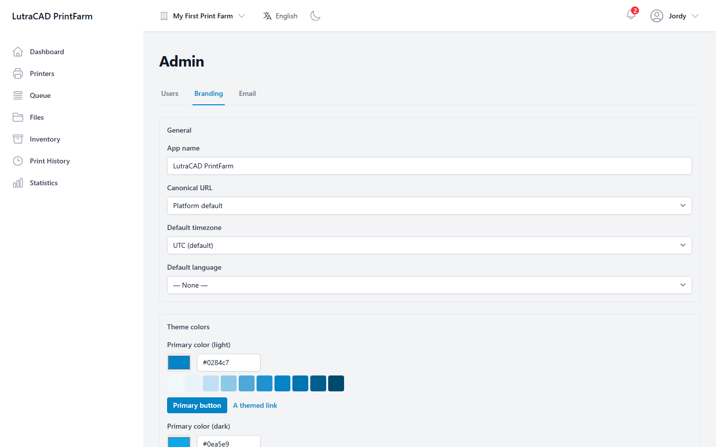 The Admin Branding tab, with the app name, theme colours, logo and favicon, custom domains and email authenticity settings