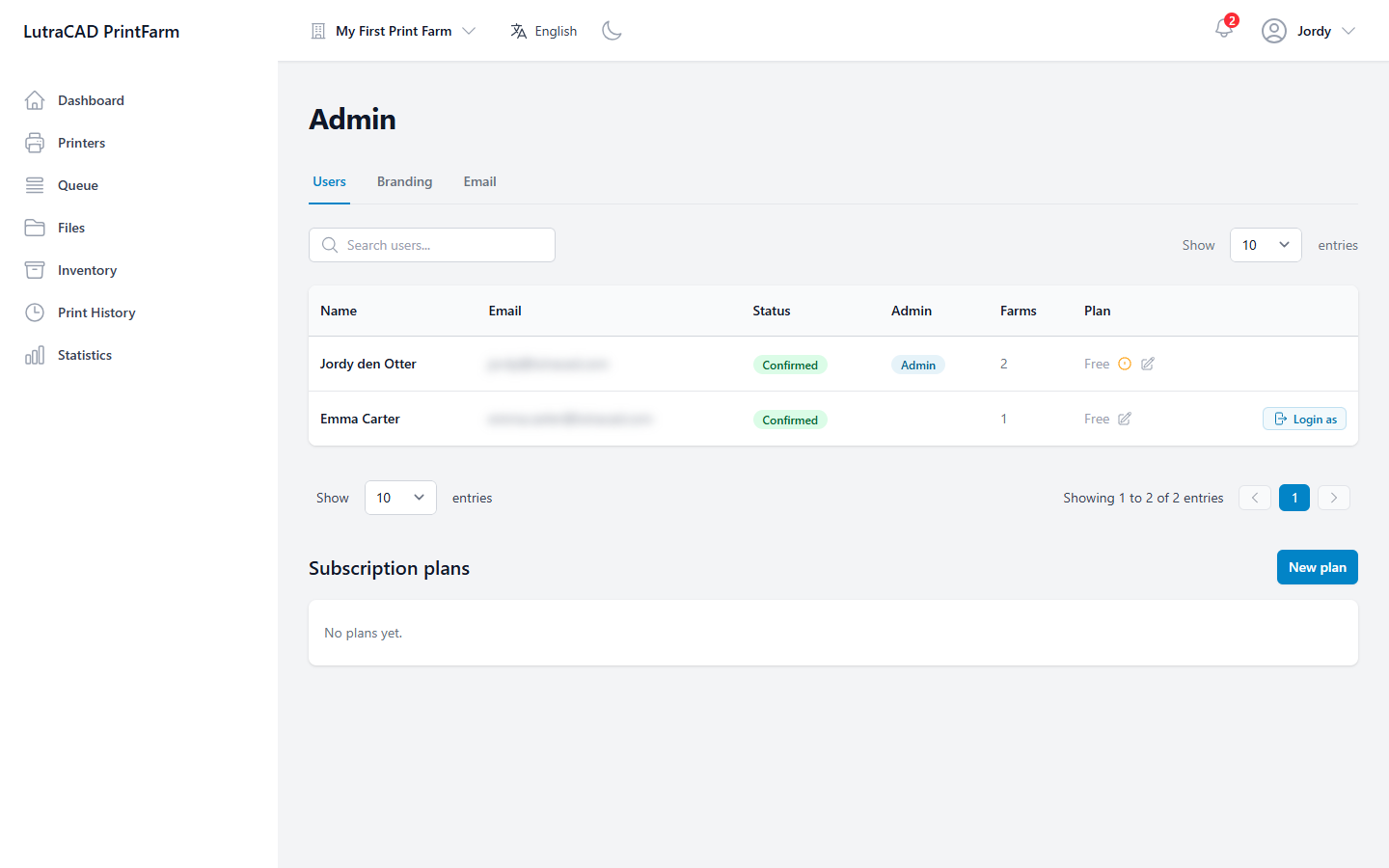The Admin Users tab, listing the tenant's users with their status, admin flag, farms and plan