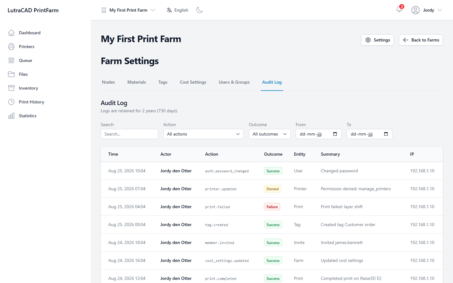 The Audit Log, with time, actor, action, outcome, entity, summary and IP columns and filters above