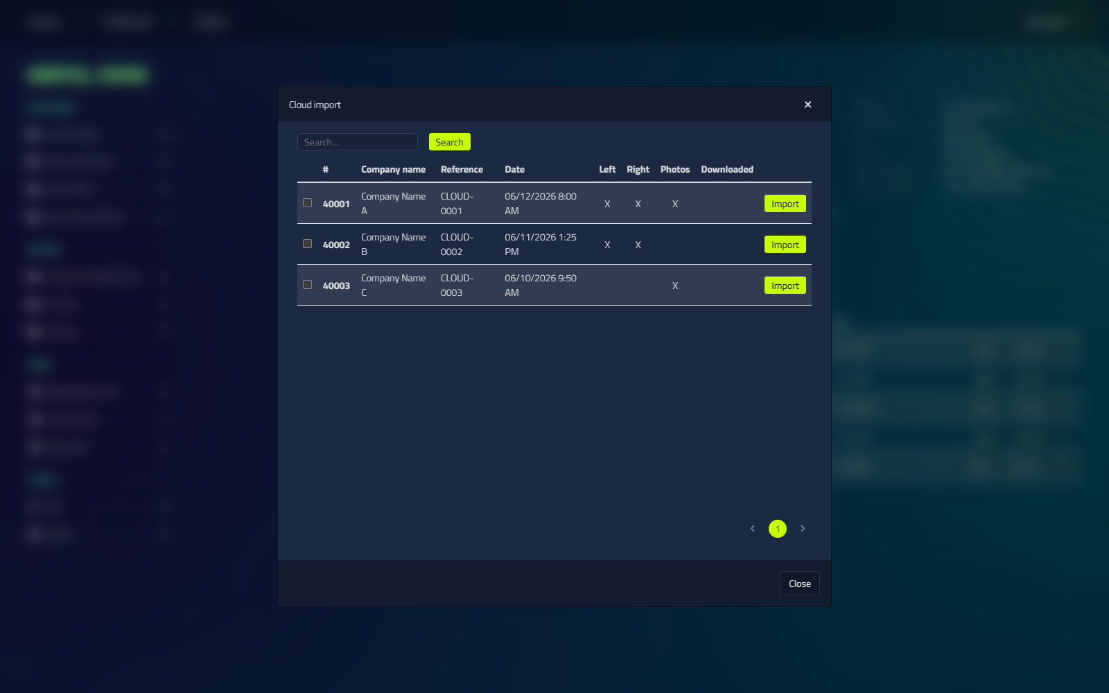 The Cloud import dialog listing scans captured with the LutraCAD iPhone/iPad app, with columns for company name, reference, date, Left/Right/Photos availability, and an Import button per row