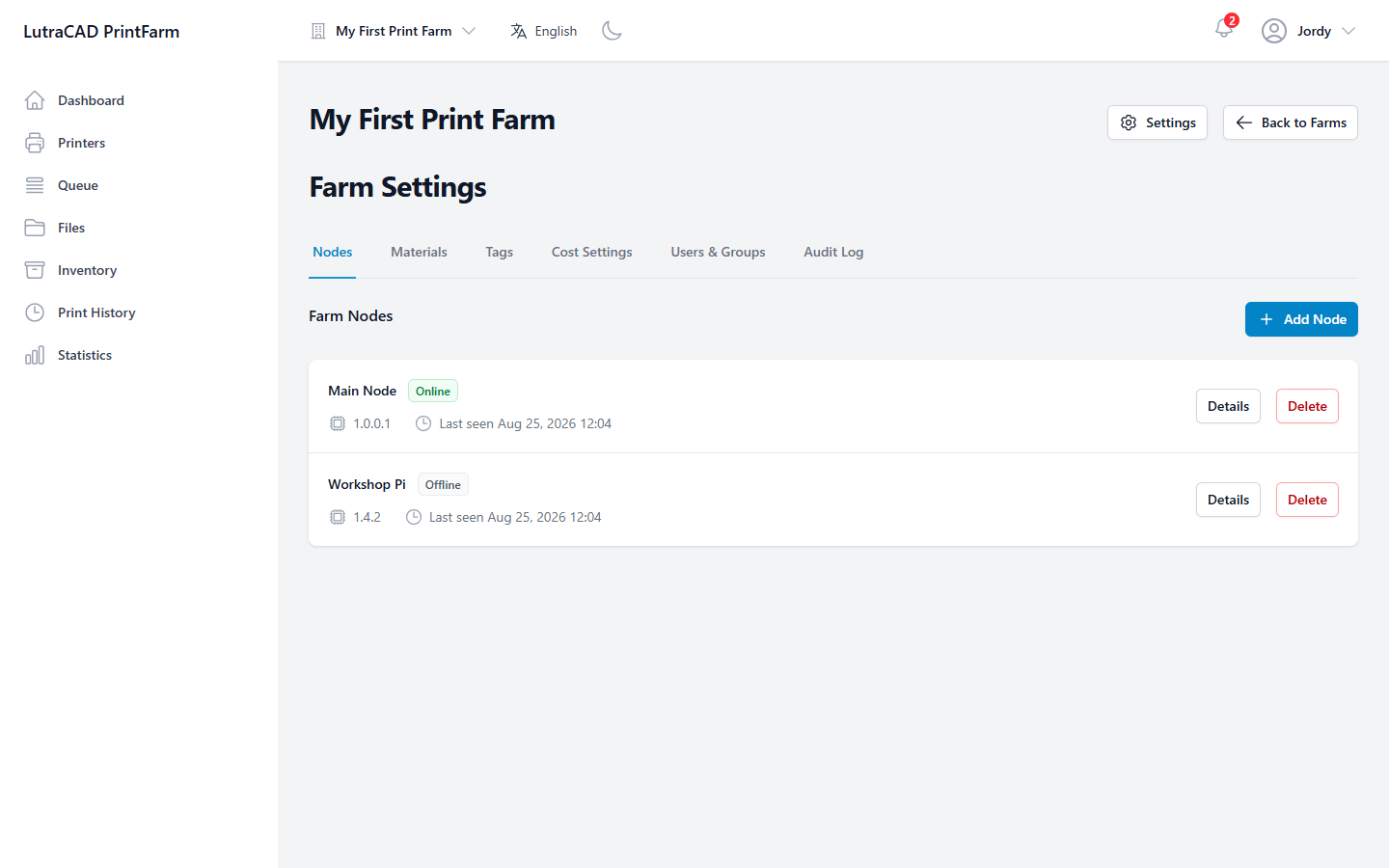 The Nodes tab under Farm Settings, listing each controller with its status, firmware version and last-seen time