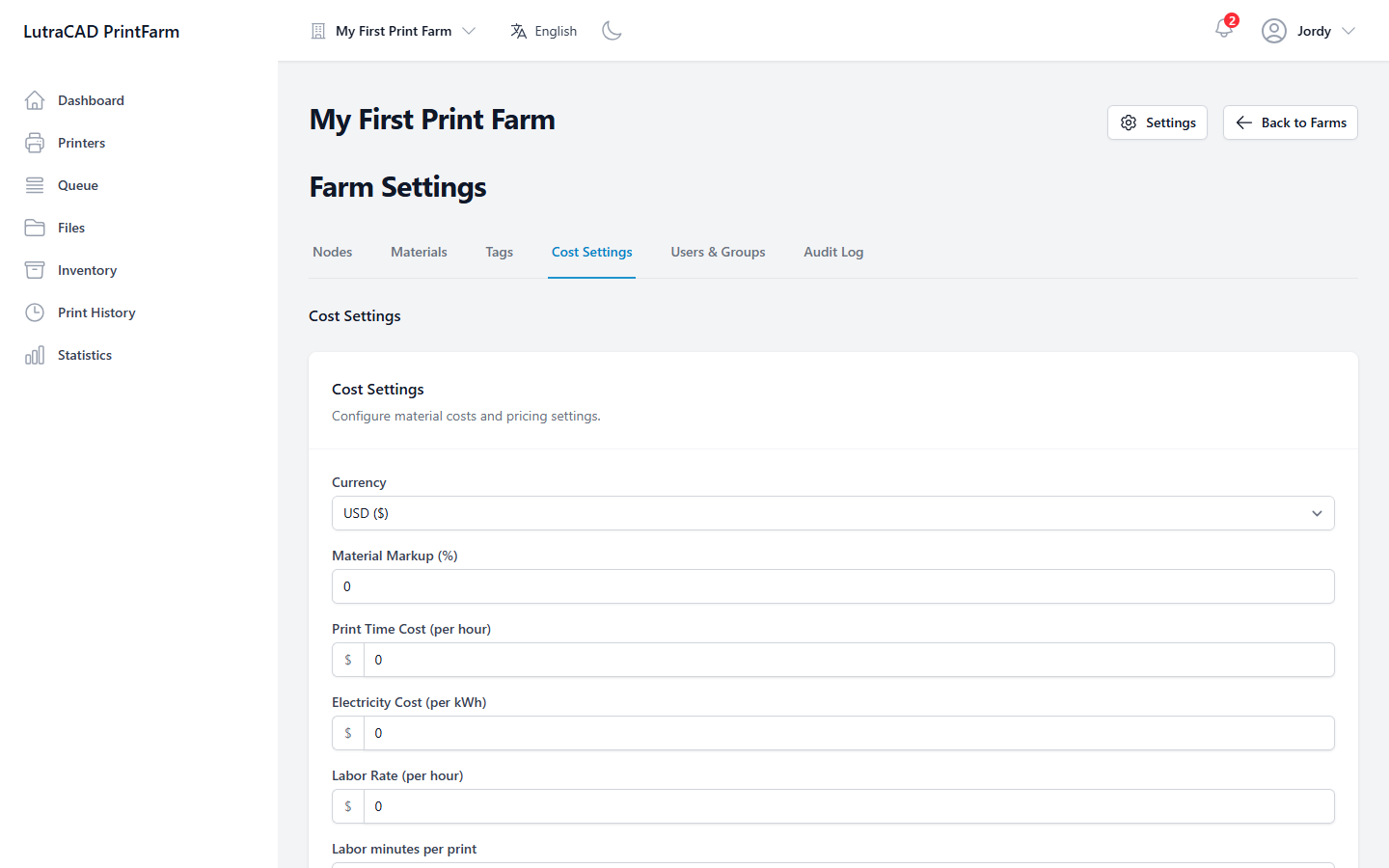 The Cost Settings tab, with fields for currency, material markup, print-time cost, electricity cost and labour rate