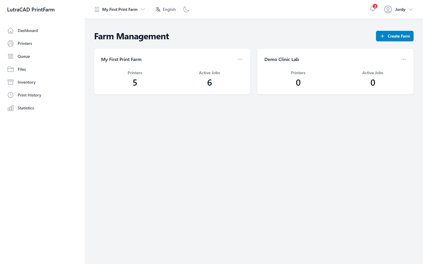 Farm Management showing farms as cards, each with its printer and active-job counts and an options menu