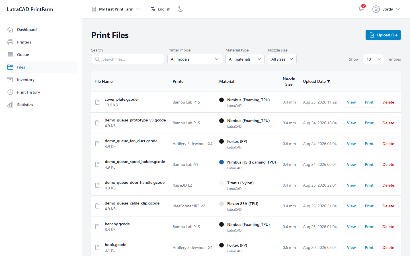 The Print Files table, listing each file with its size, printer model, material, nozzle size and upload date, and View, Print and Delete actions