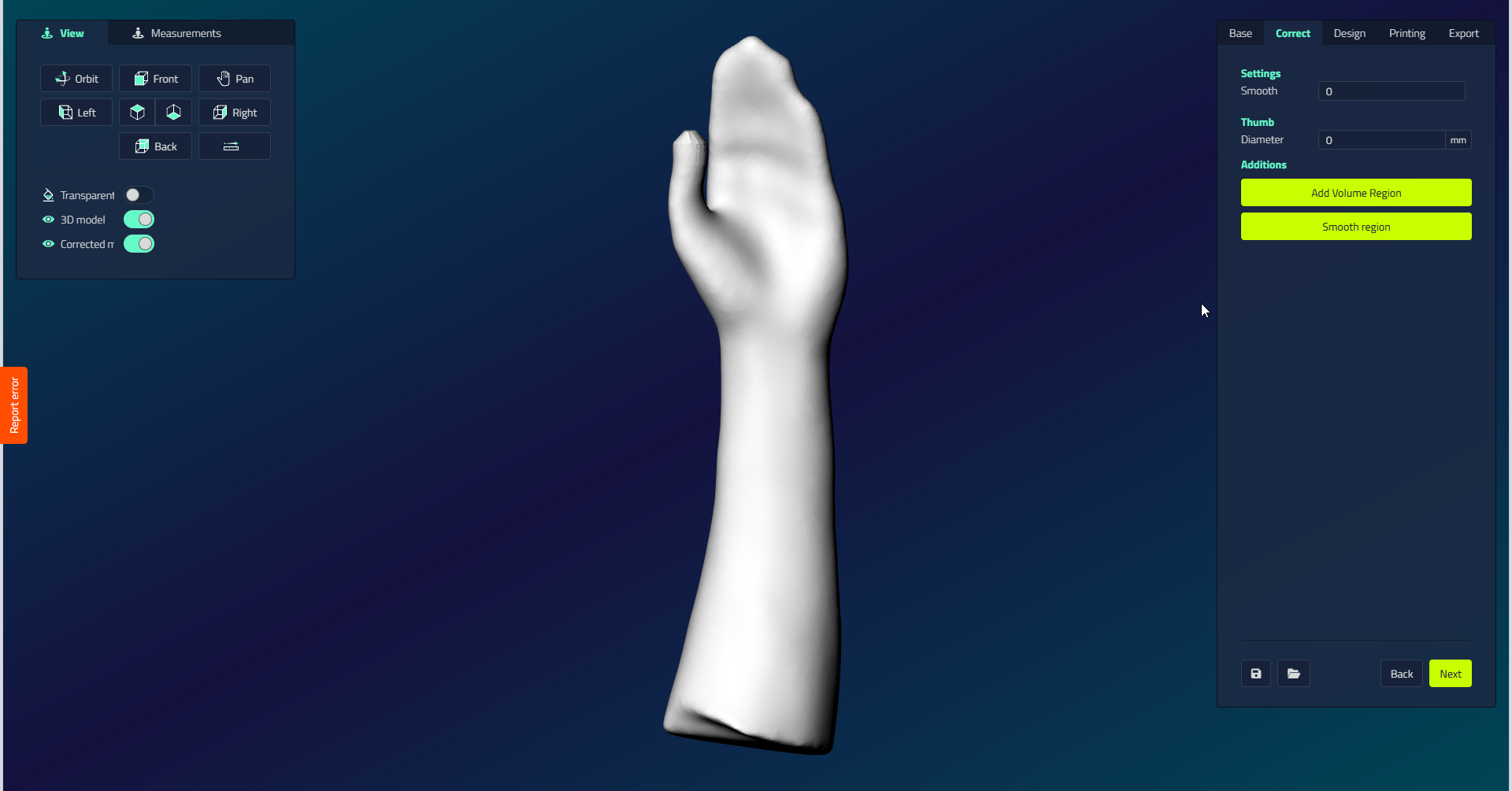 The Correct step of a hand splint, with a Smooth field, a Thumb section containing a Diameter field, and Add Volume Region and Smooth region buttons under Additions