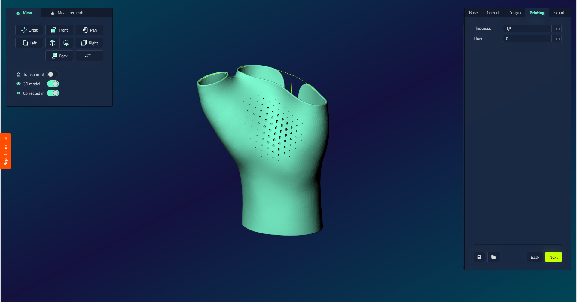 The Printing step of a hand splint, showing the Thickness and Flare fields