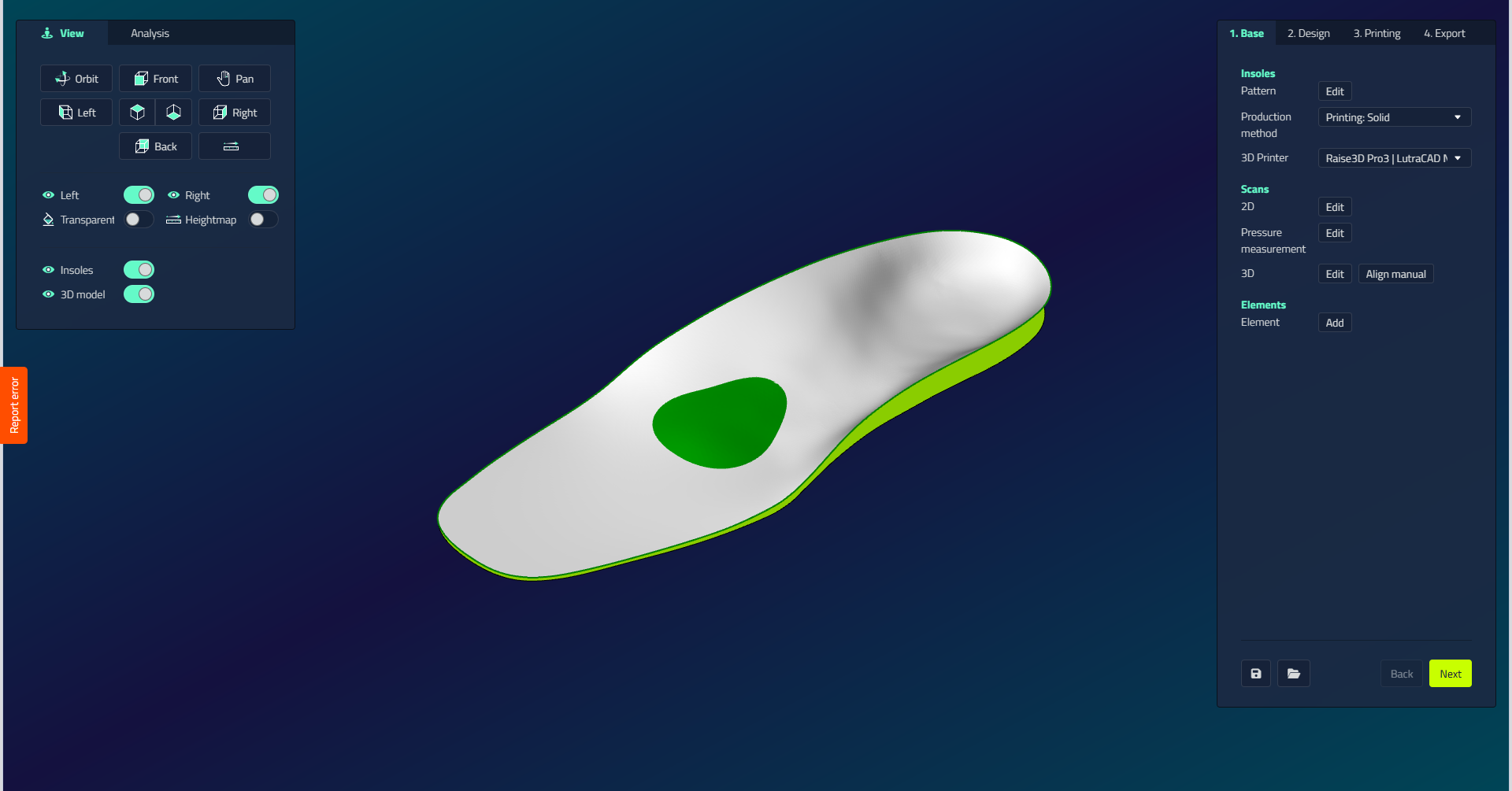 The Base tab of the insole workflow, with the Insoles, Scans, and Elements groups on the right and the current pattern shown in the viewport
