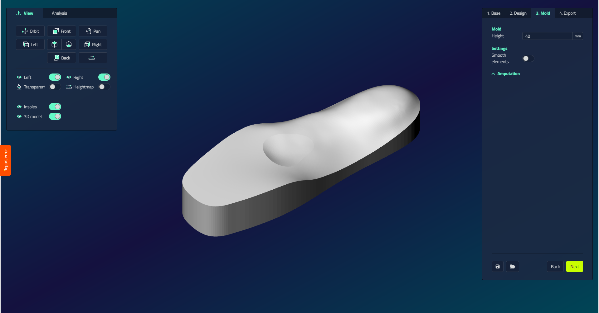 A positive mold block generated from the insole design, shown in the 3D viewport with the Mold and Settings groups on the right
