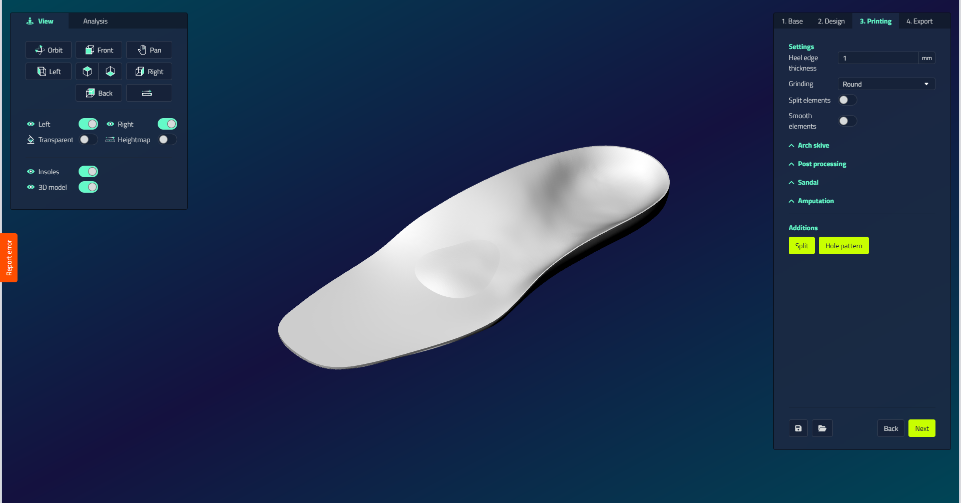 The Printing step of a solid insole, showing Heel edge thickness, Grinding, Split elements and Smooth elements, the collapsed Arch skive, Post processing, Sandal and Amputation sections, and the Split and Hole pattern buttons under Additions