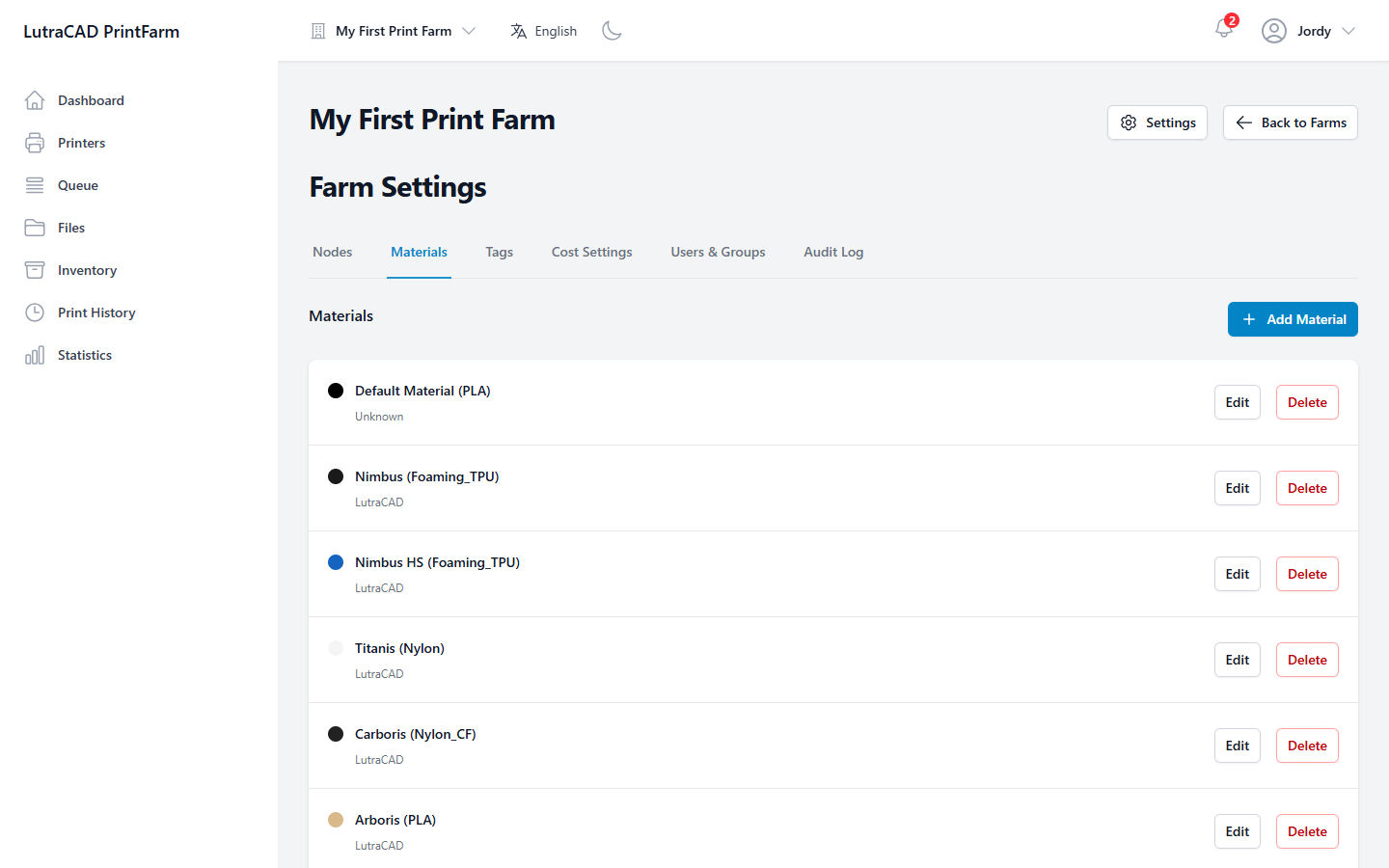 The Materials tab under Farm Settings, listing the farm's filaments with their type, manufacturer and colour