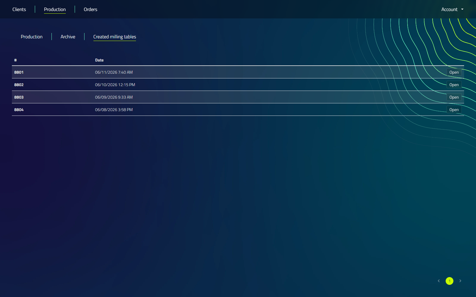 The Created milling tables list, showing document IDs, creation dates, and Open buttons