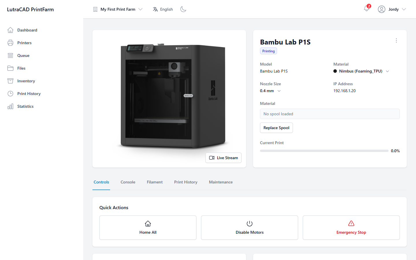 A printer's detail page, showing the header with model, material and nozzle, and the Controls, Console, Filament, Print History and Maintenance tabs