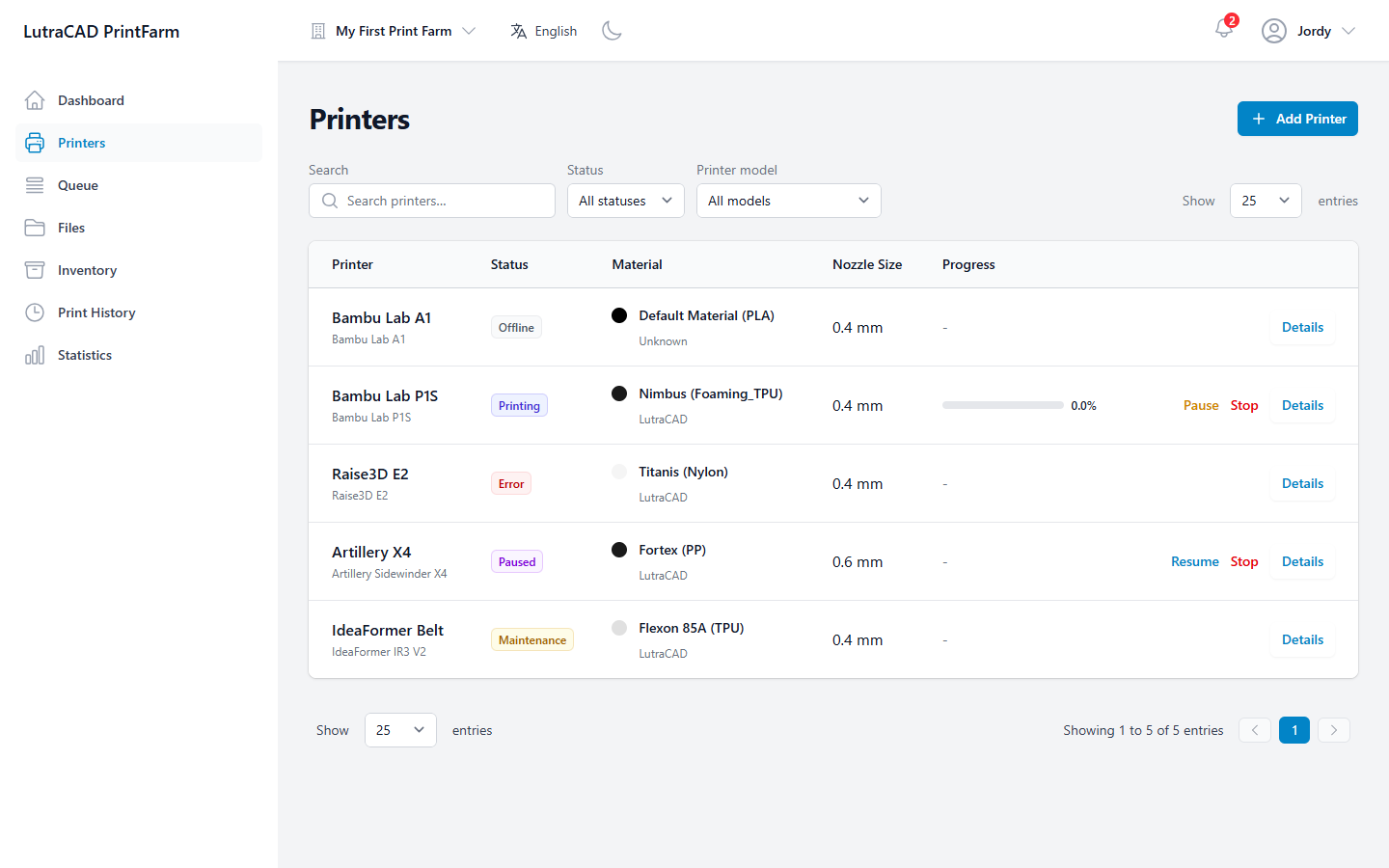 The Printers list: one row per printer with status badges, loaded material, nozzle size, a progress bar on the printing job, and per-row action buttons