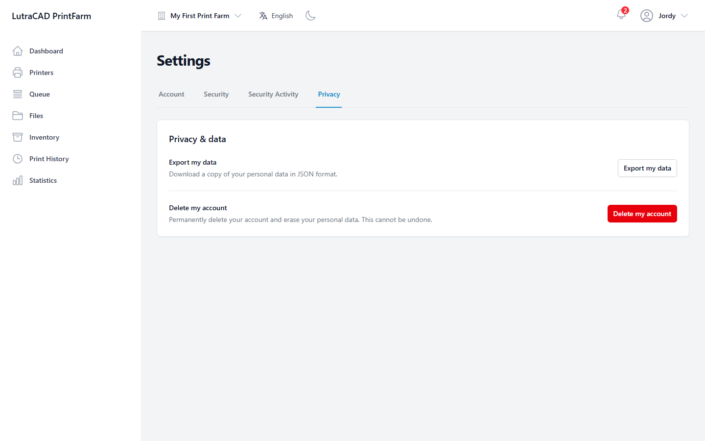 The Privacy &amp; data tab, with the Export my data and Delete my account actions