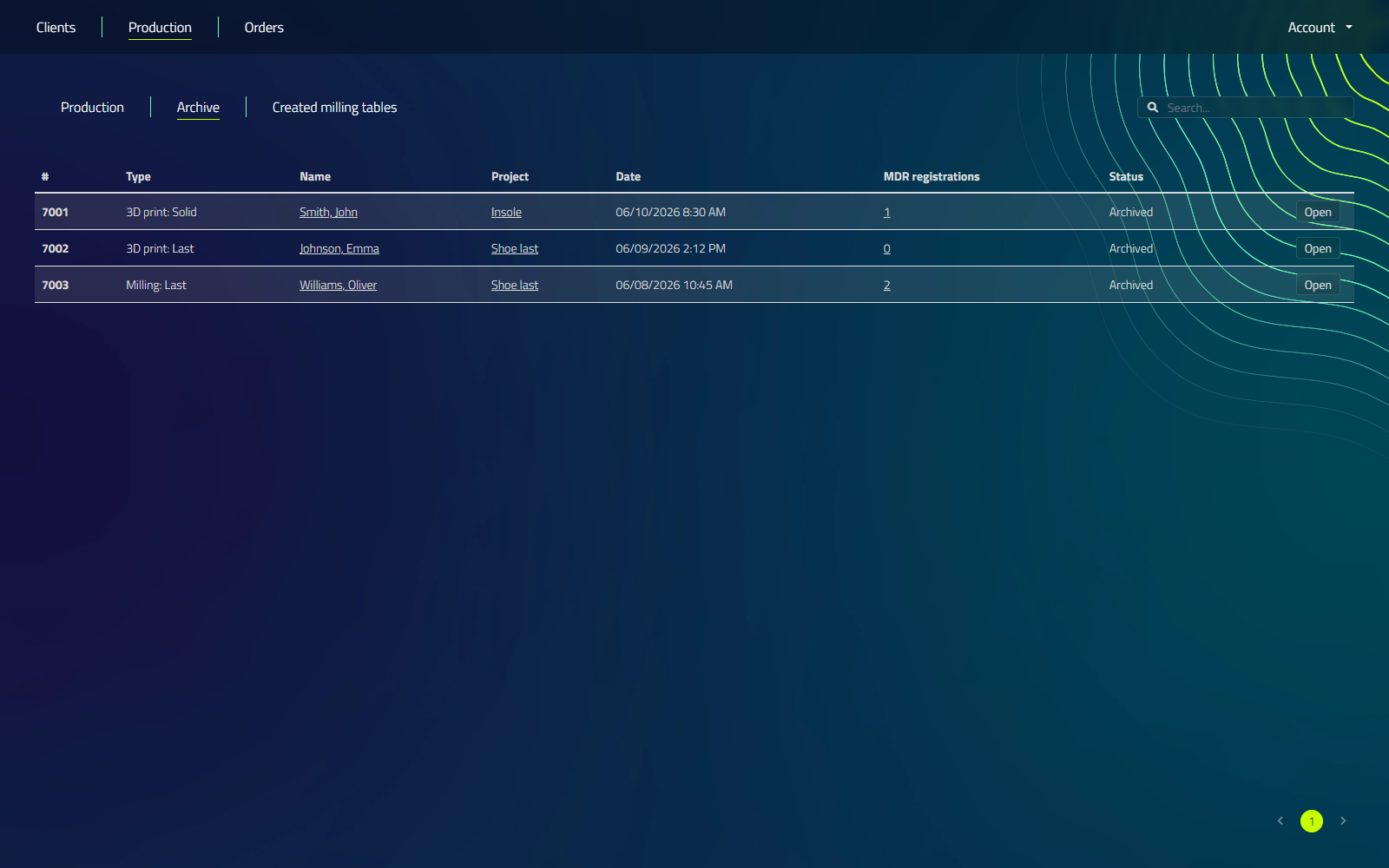 The Production tab's Archive list, showing completed productions with an MDR registrations column