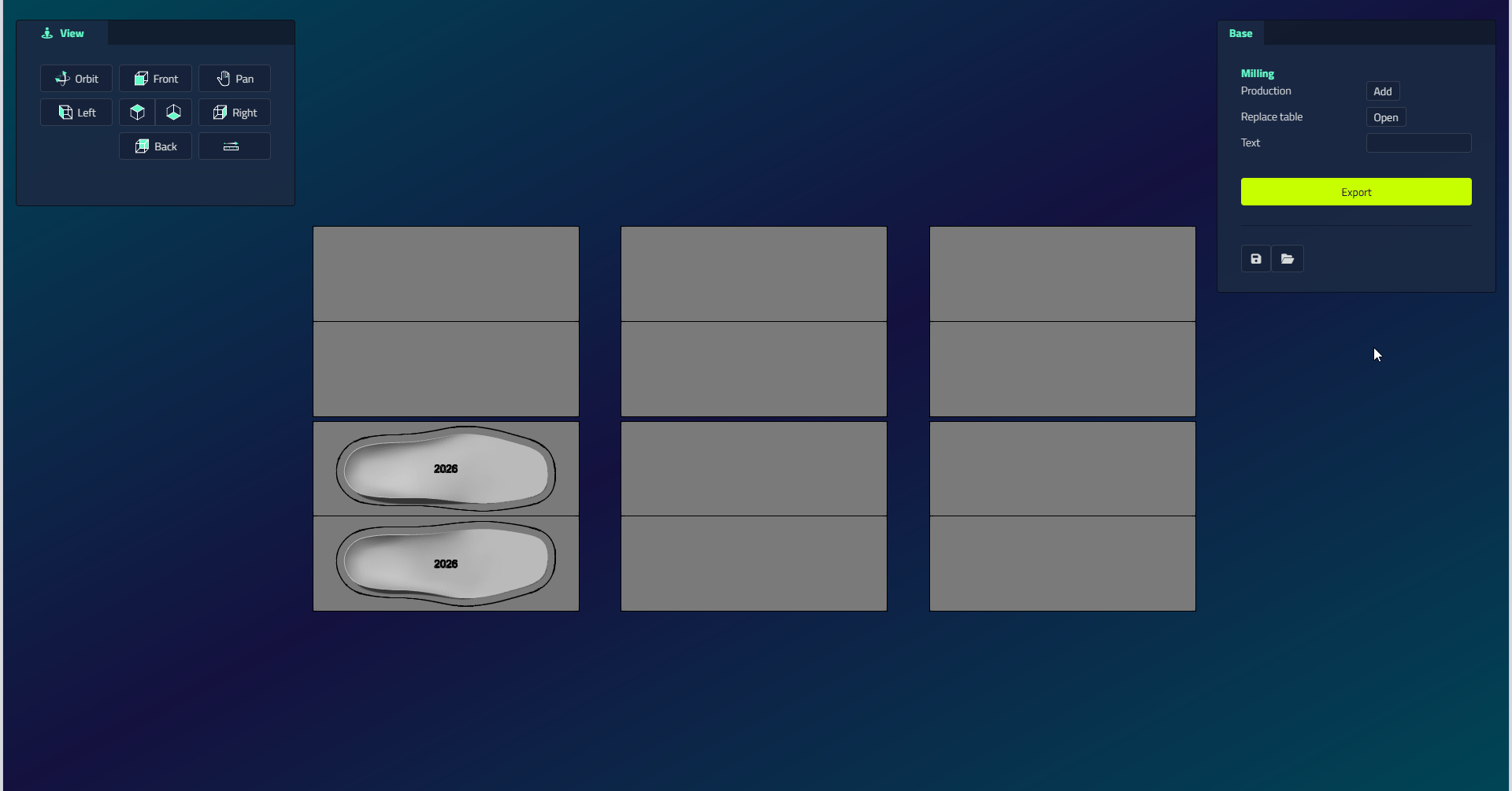 The milling table document showing the cutting table with placed insoles, the Add/Replace table/Text controls, and the Export button