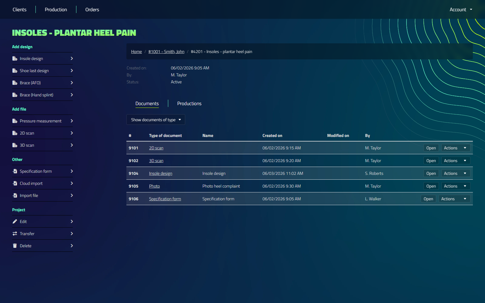 The project page for "Insoles - plantar heel pain", with Add design, Add file, Other and Project options in the left sidebar and the project's documents listed on the right