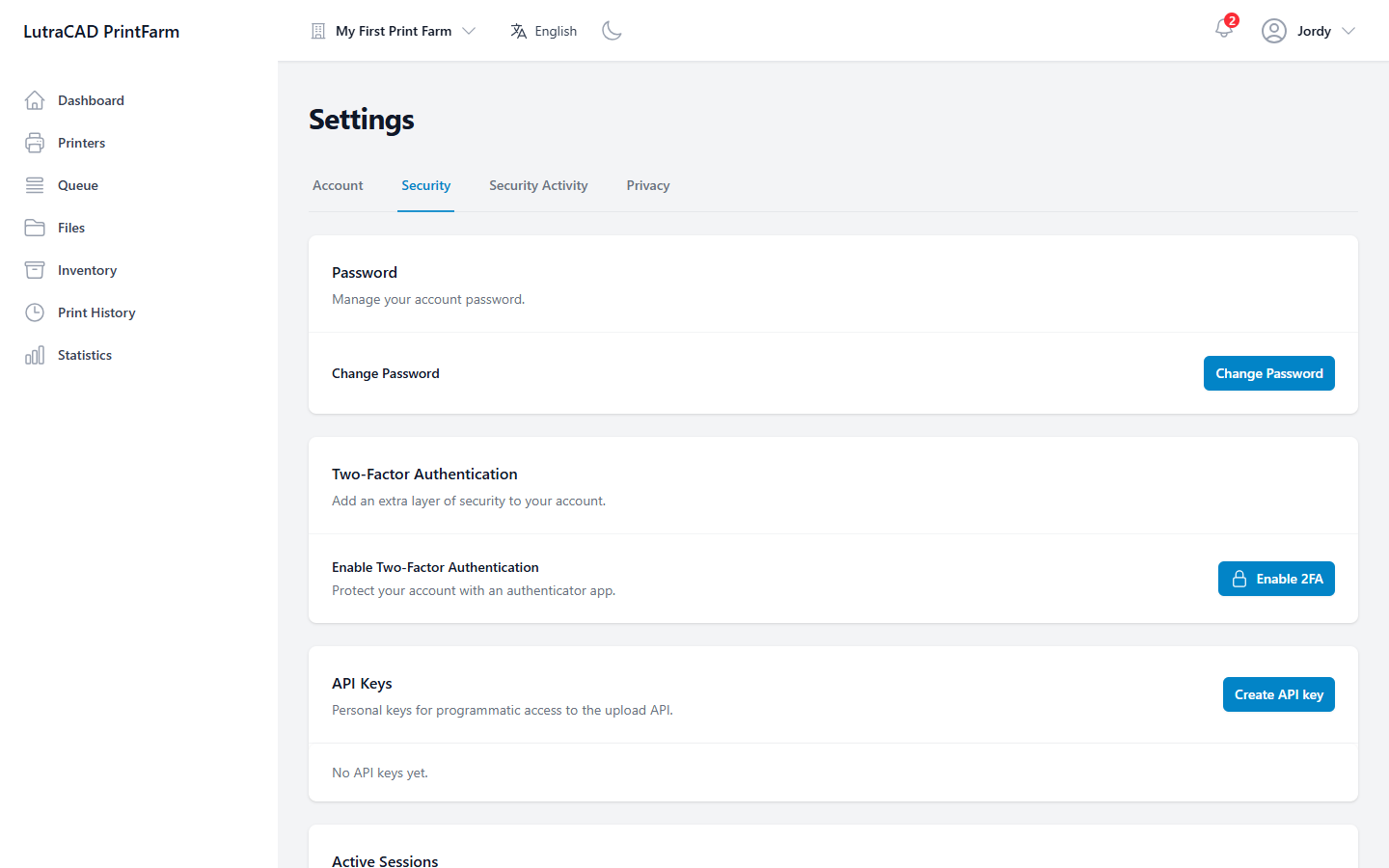 The Security tab, with the Password, Two-Factor Authentication, API Keys and Active Sessions sections
