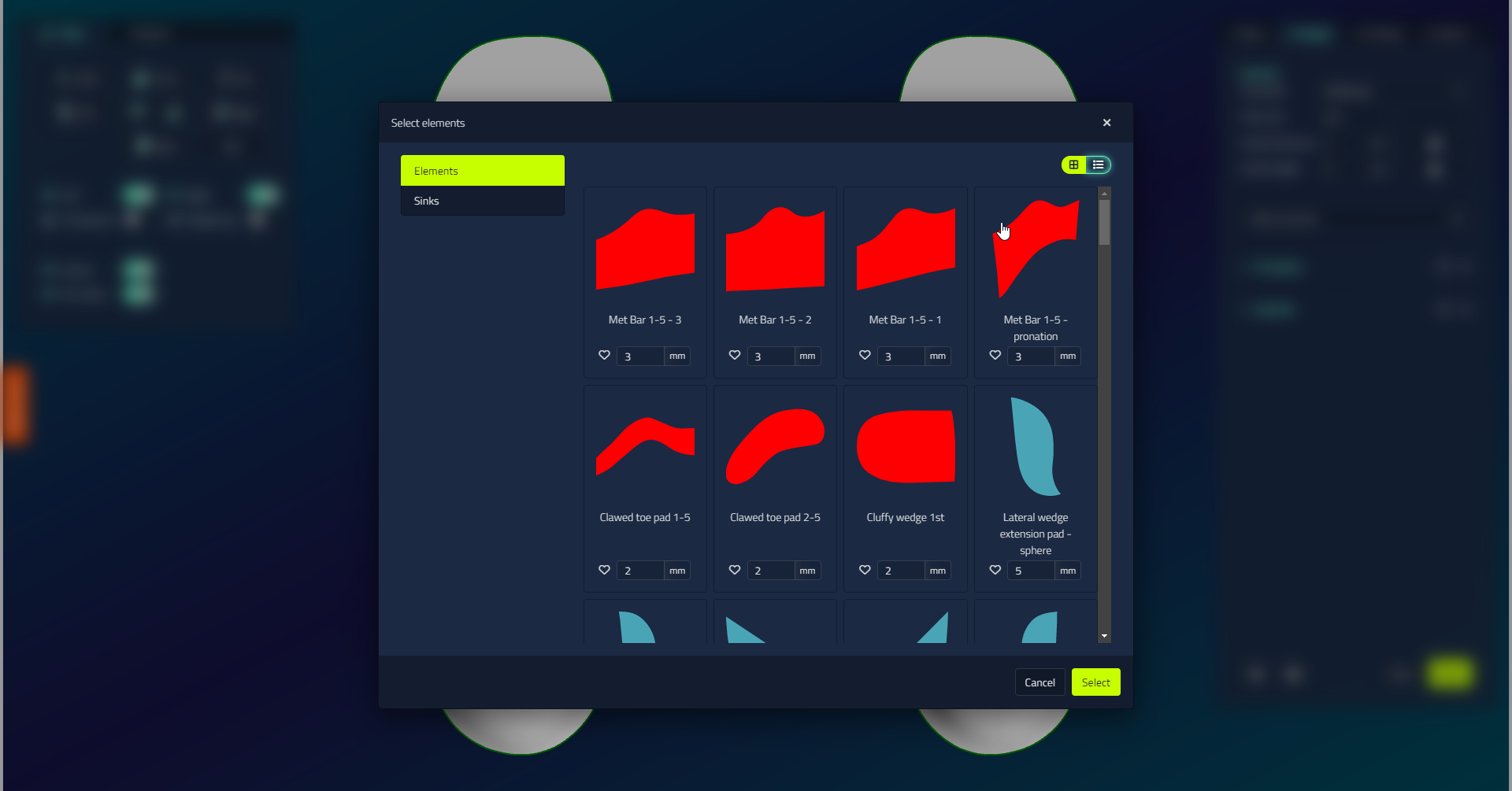 The Select elements dialog, with the Elements and Sinks tabs, a grid of pad and wedge shapes, and a thickness field and favourite heart under each