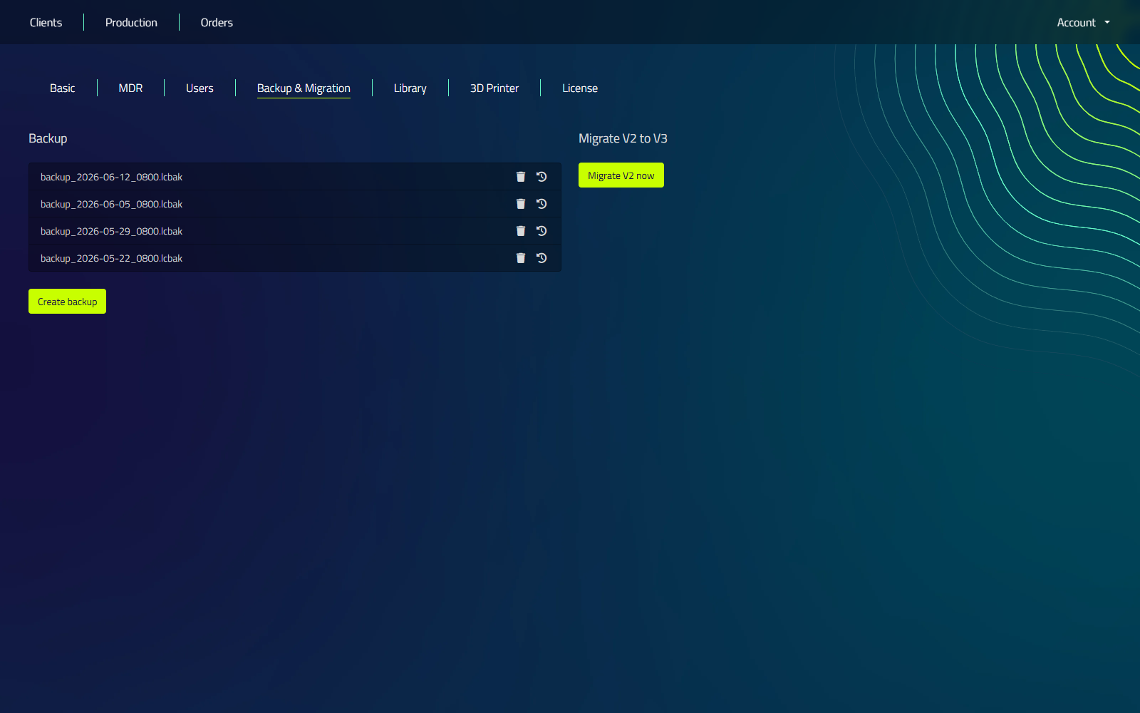 The Backup &amp; Migration tab in Settings, listing existing backups with Restore and Delete icons, a Create backup button, and the Migrate V2 to V3 panel