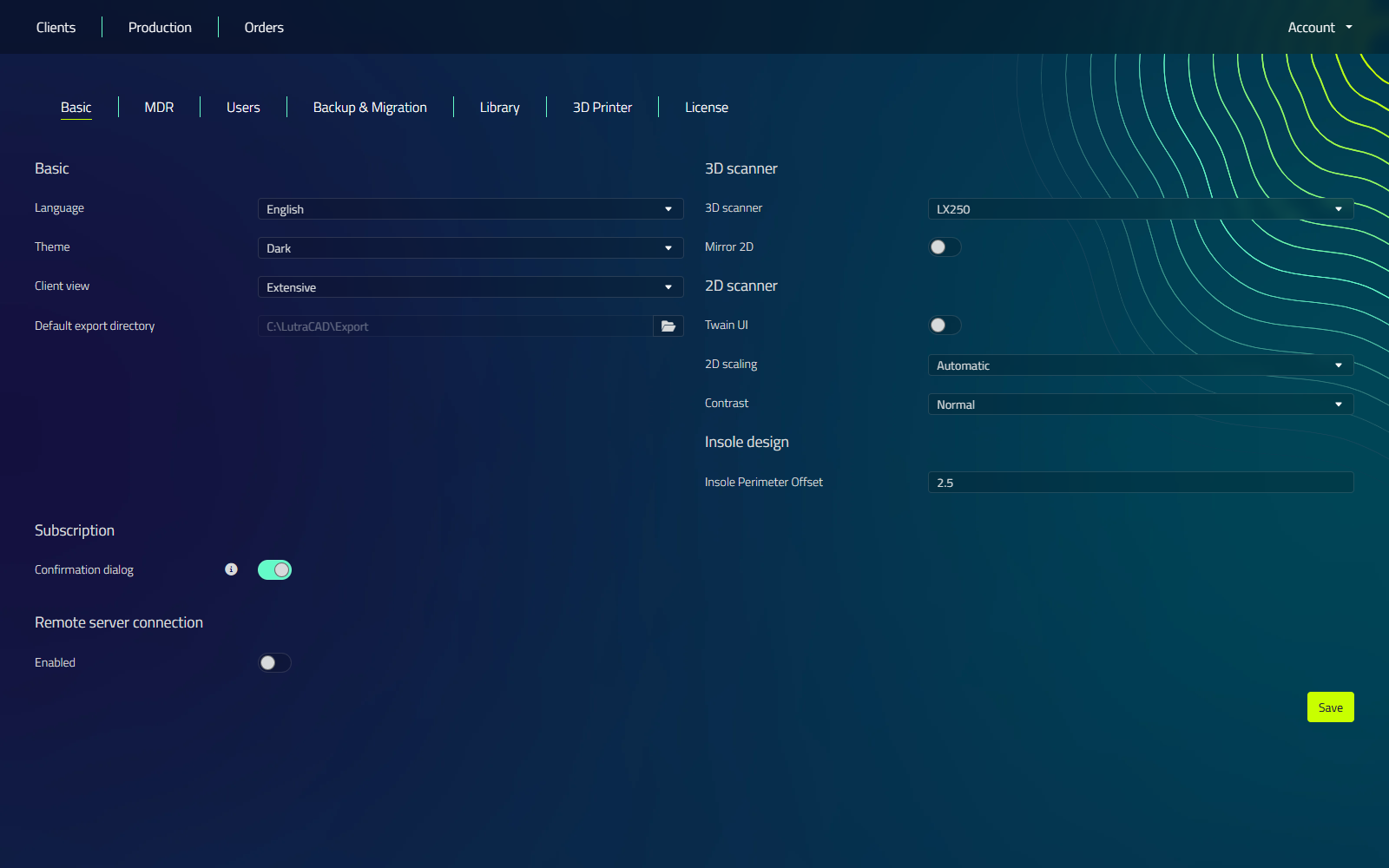 The Basic tab in Settings, showing workstation options including theme, client view, scanner configuration, and insole design defaults