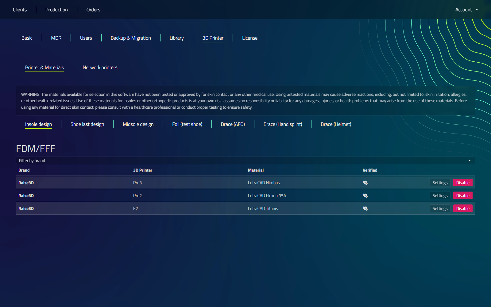 The Printer &amp; Materials tab with the Insole design and FDM/FFF tabs selected, showing enabled printer and material rows with Settings and Disable buttons