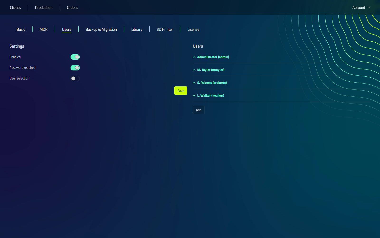 The Users tab in Settings, listing the Administrator and other user accounts with an Add button below