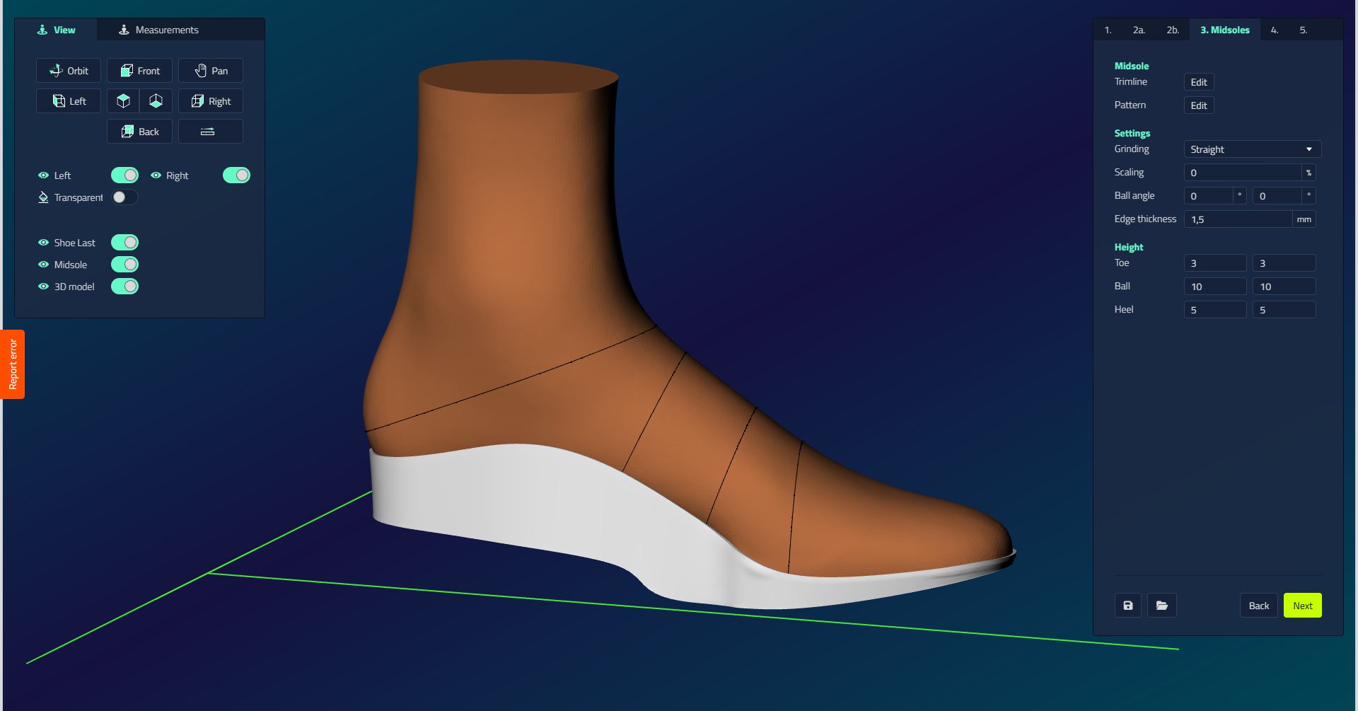 A completed midsole shown on the shoe last in the 3D viewport, with the midsole settings panel on the right
