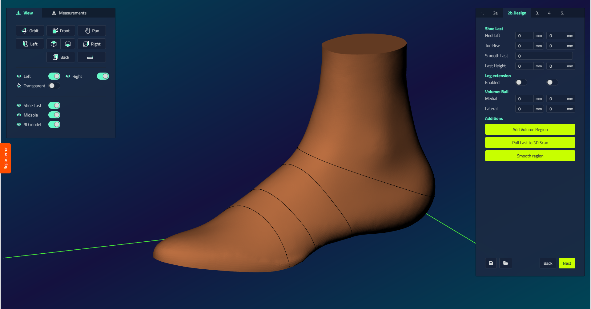 The shoe last Design tab, showing Heel Lift, Toe Rise, Smooth Last, Last Height, Leg extension, and Volume: Ball, plus the Add Volume Region, Pull Last to 3D Scan, and Smooth region actions