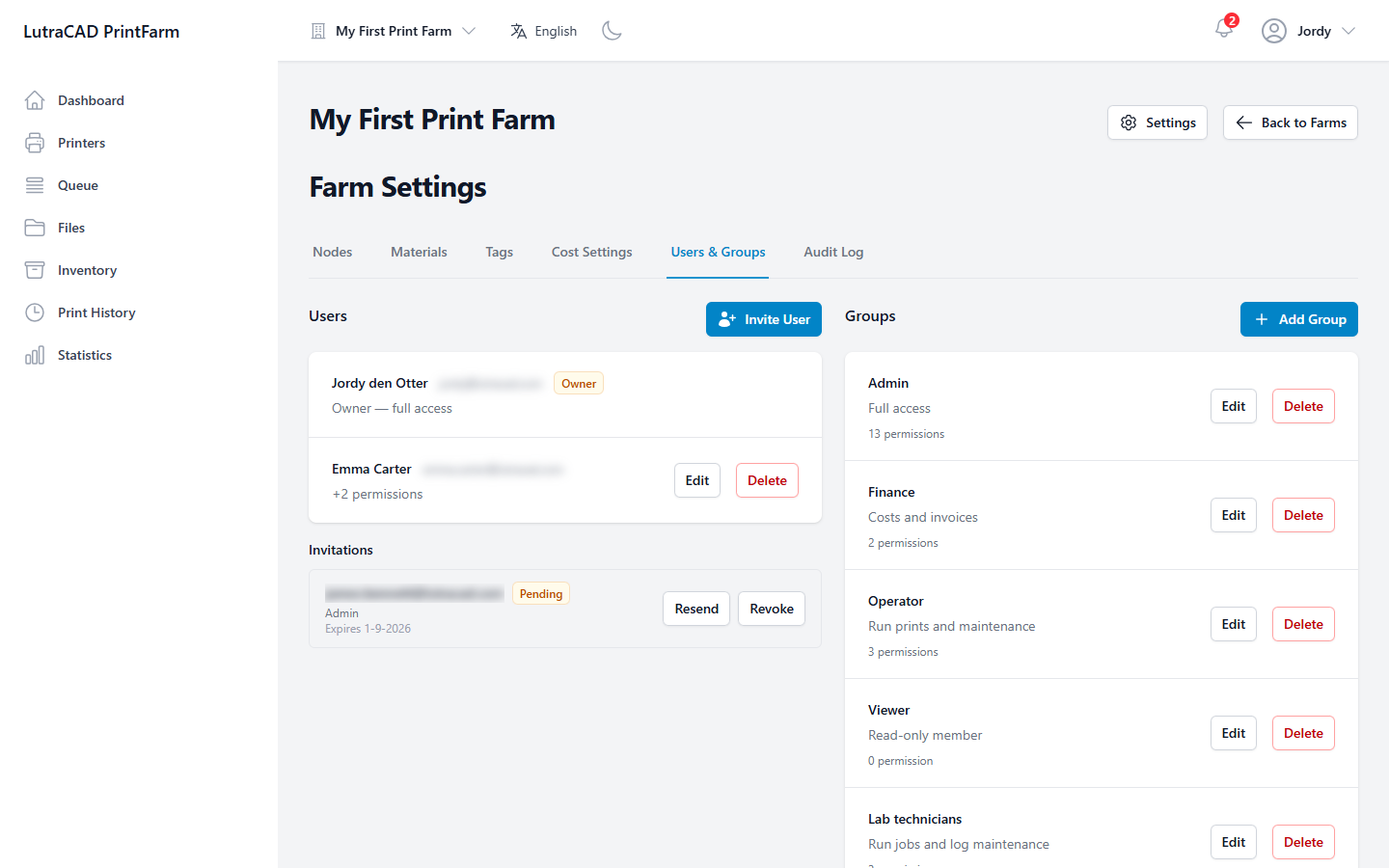 The Users &amp; Groups tab, showing the farm's members, pending invitations and the groups with their permissions