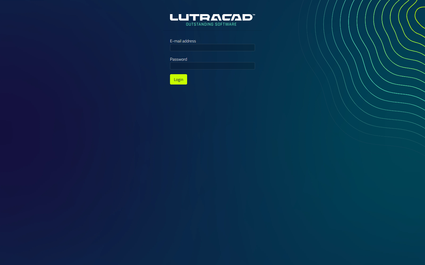 Écran de connexion LutraCAD avec adresse e-mail et champs Mot de passe et bouton Login