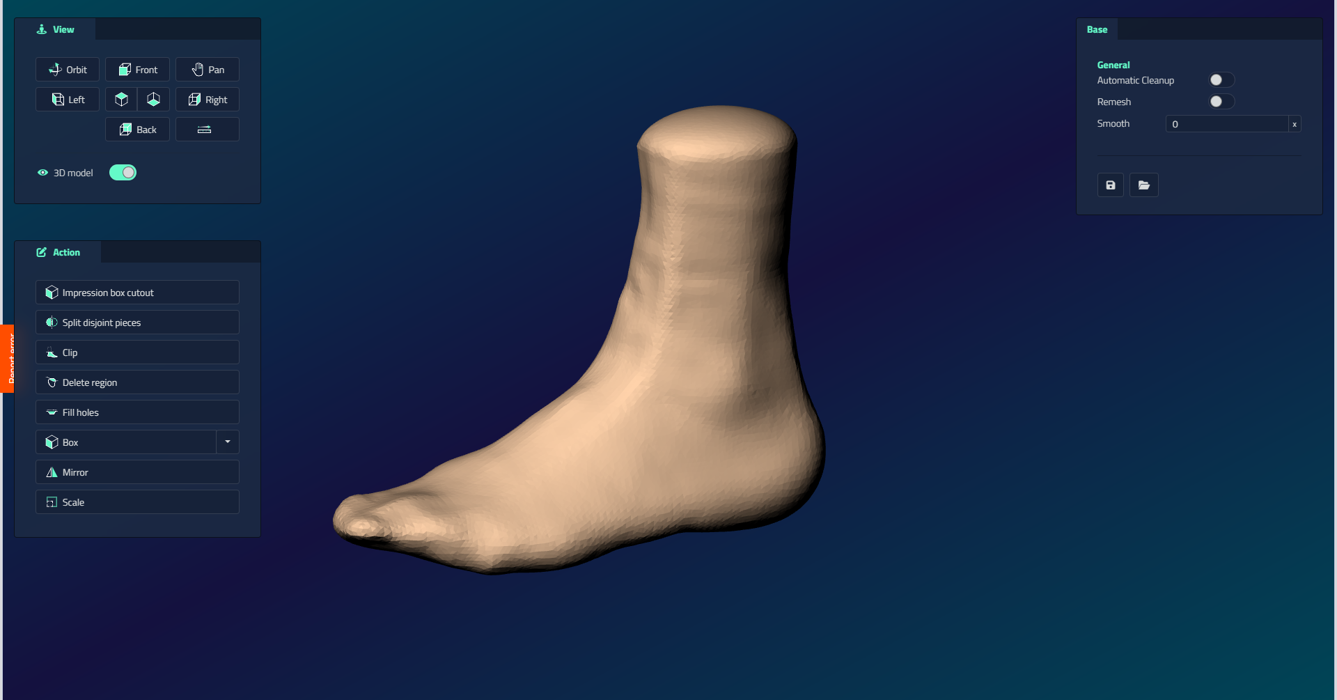 Het reparatiescherm, met Beeld en Actie toolpanelen aan de linkerkant, het basispaneel met Automatische Opruiming, Remesh, en Gladde opties aan de rechterkant, en een 3D voet scan in het midden